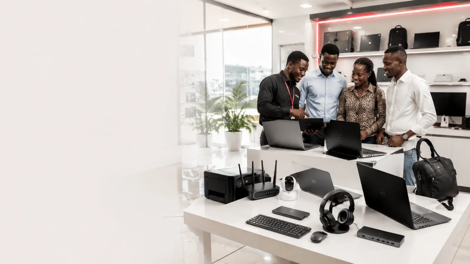Client conseillé par un expert MAC COMPUTERS entouré d'ordinateurs, imprimantes, réseau et accessoires