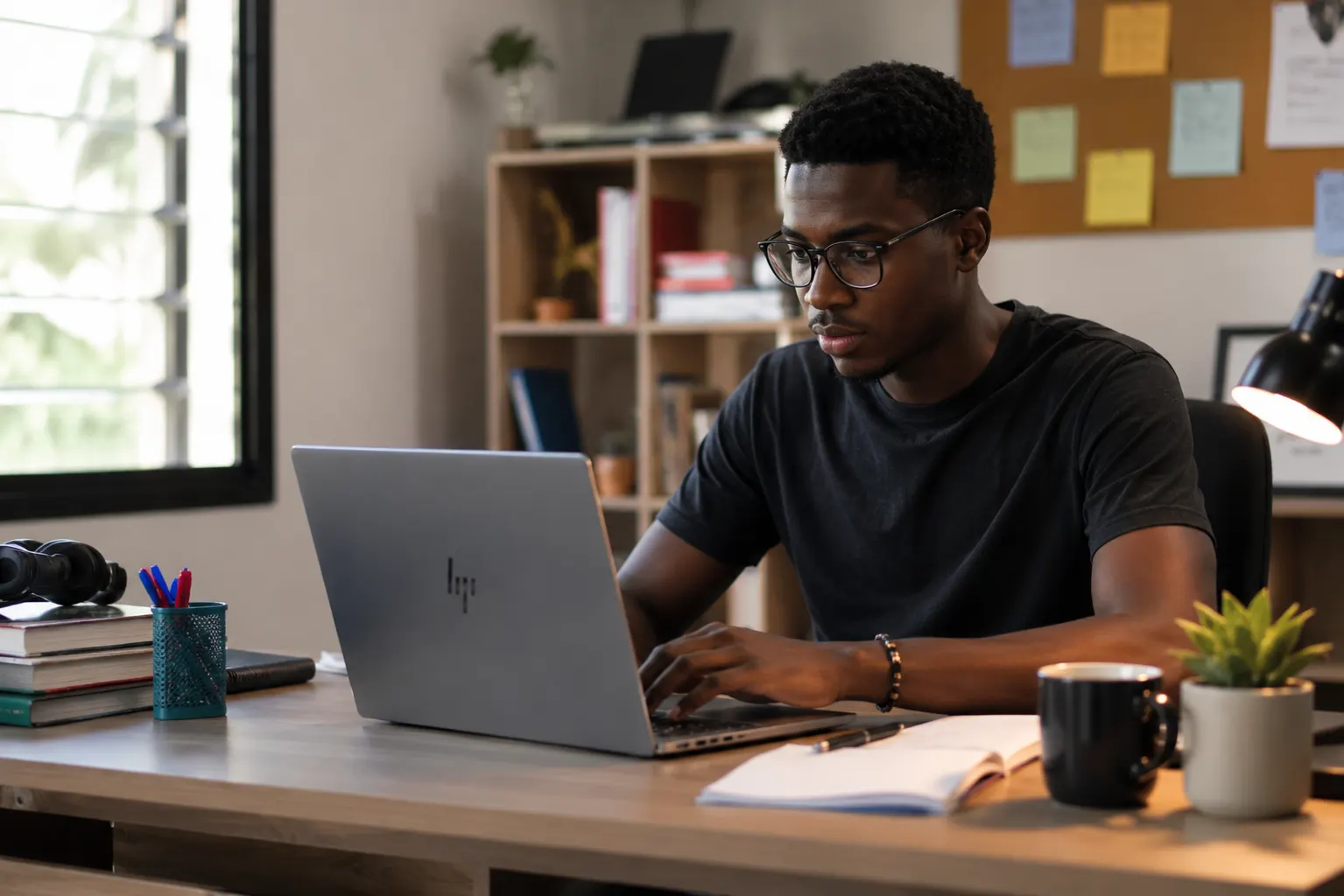Étudiant camerounais travaillant sur un ordinateur portable léger