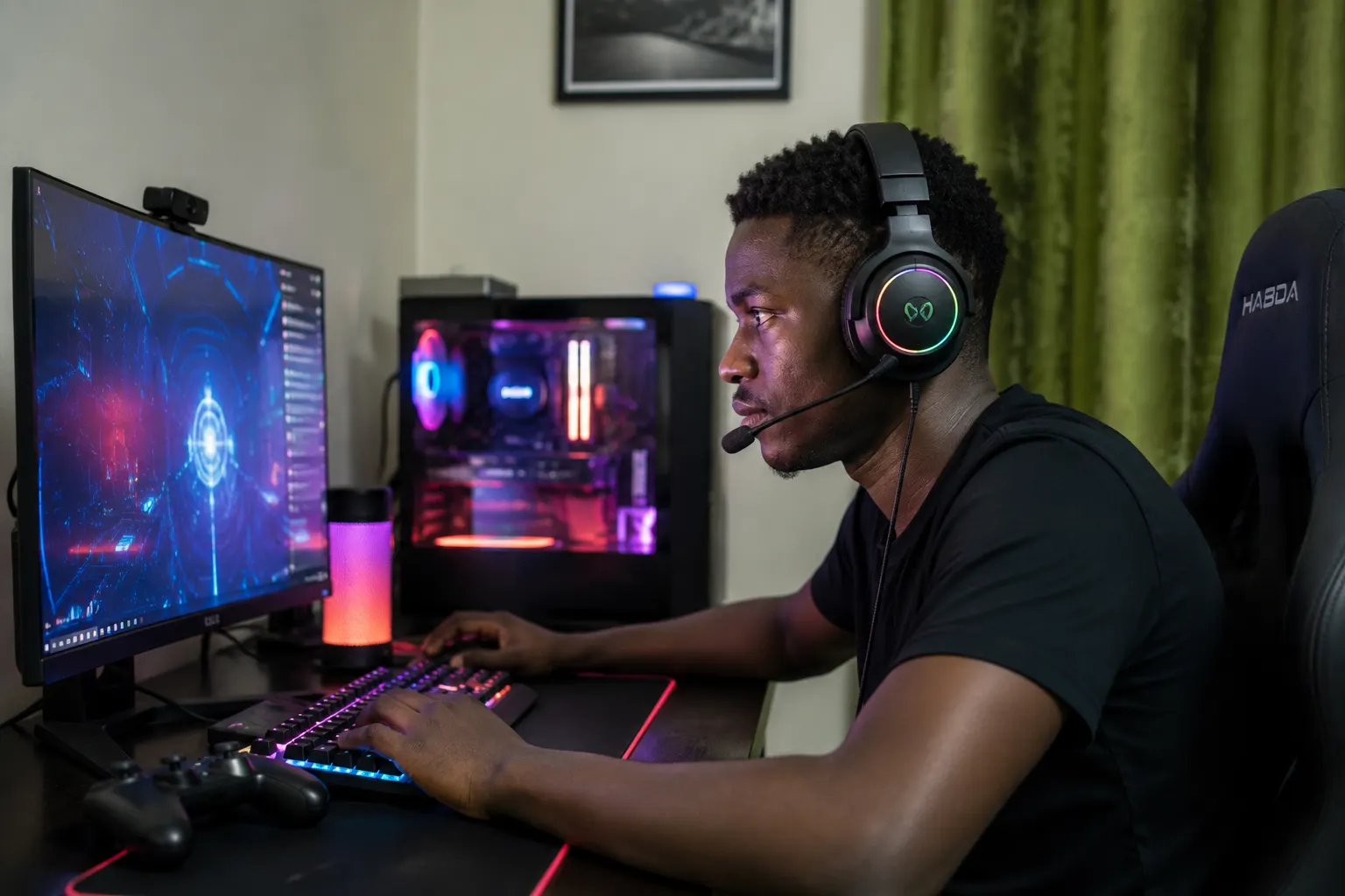 Jeune gamer camerounais devant un PC gaming avec éclairage RGB