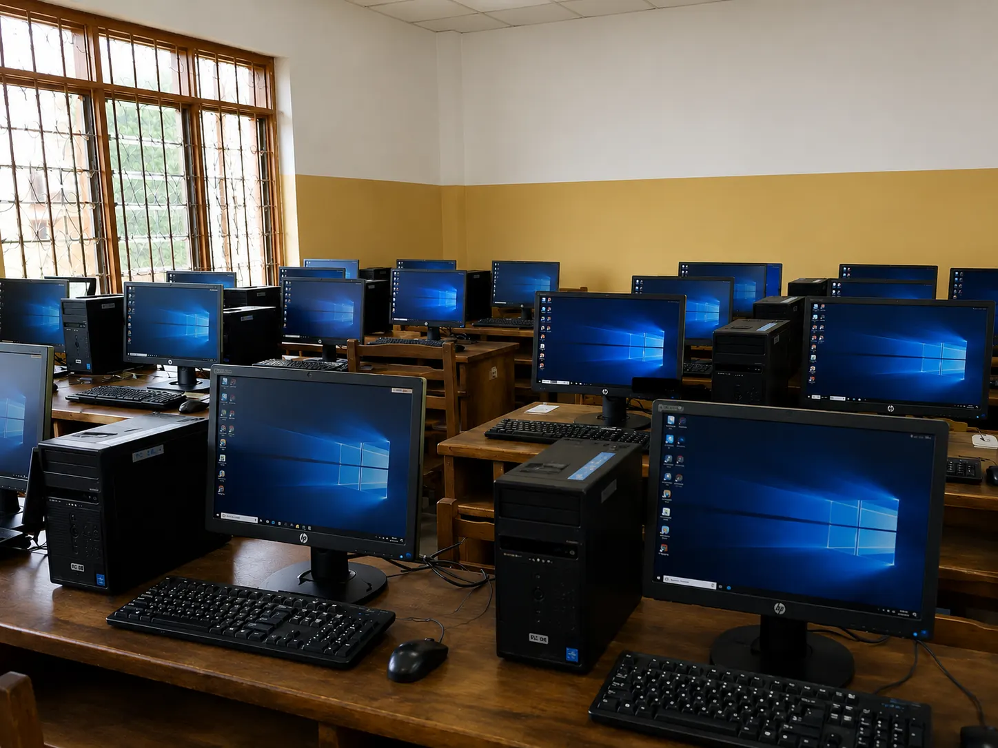 Ordinateurs de salle informatique dans un établissement scolaire camerounais